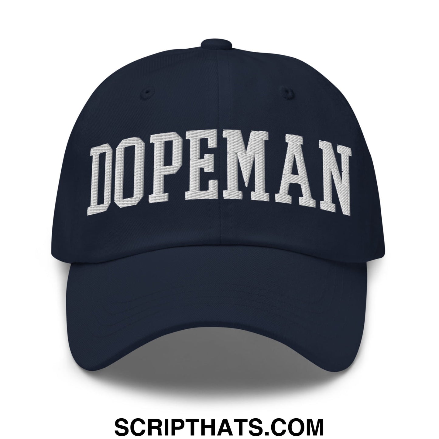 Navy blue unstructured dad hat with white embroidered dopeman lettering on the front panel