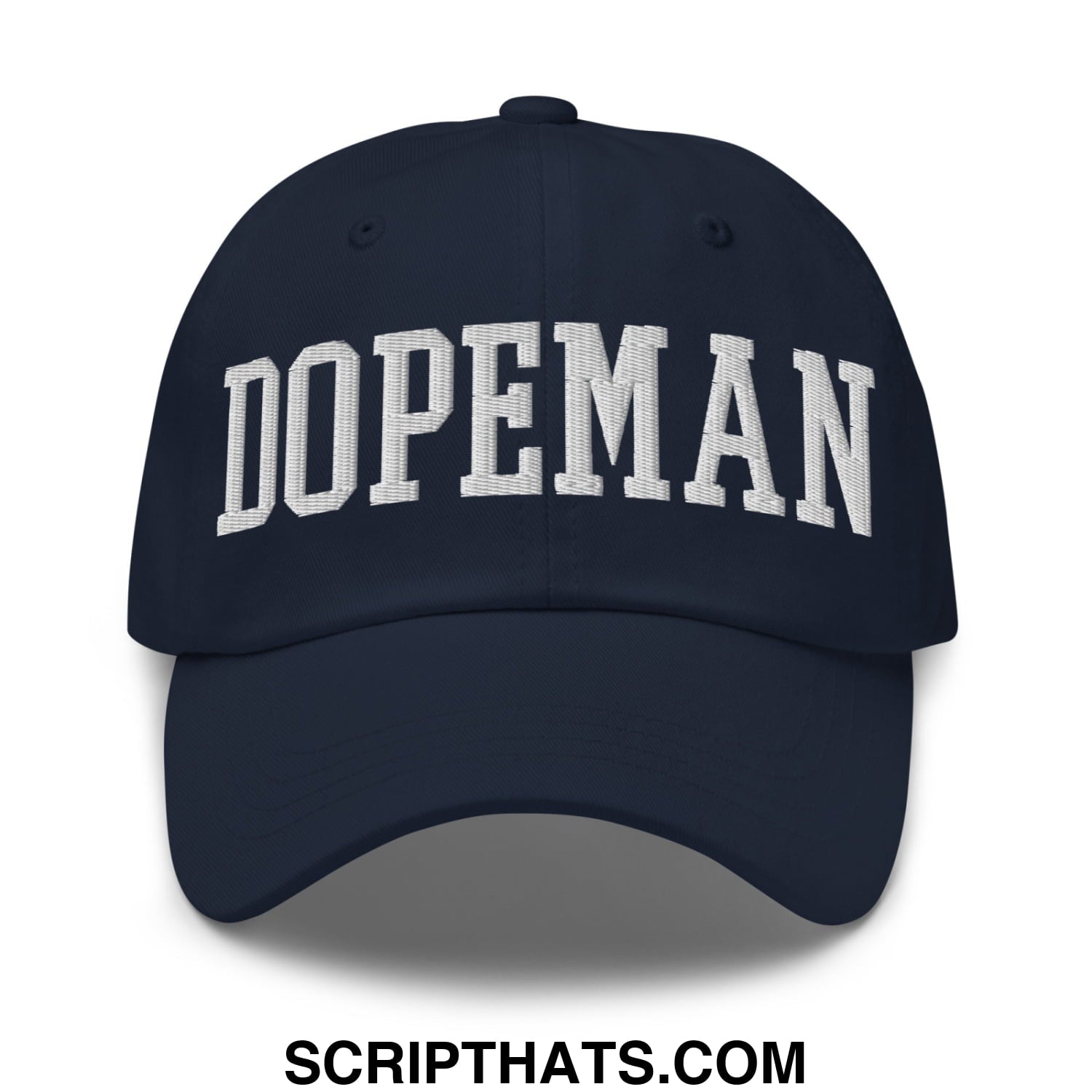 Navy blue unstructured dad hat with white embroidered dopeman lettering on the front panel