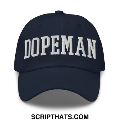 Navy blue unstructured dad hat with white embroidered dopeman lettering on the front panel