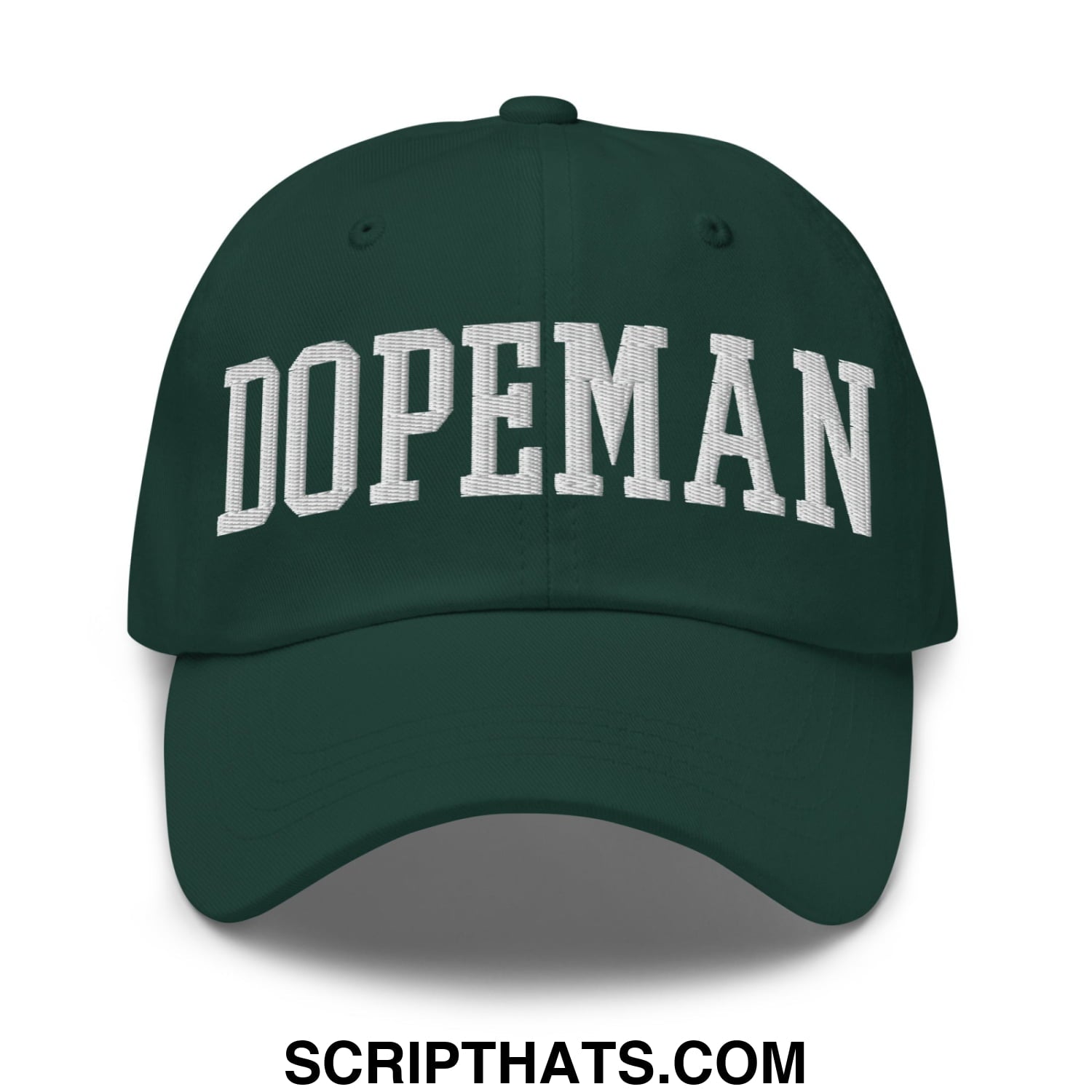 Dark green dopeman embroidered unstructured dad hat featuring white lettering across the front panel