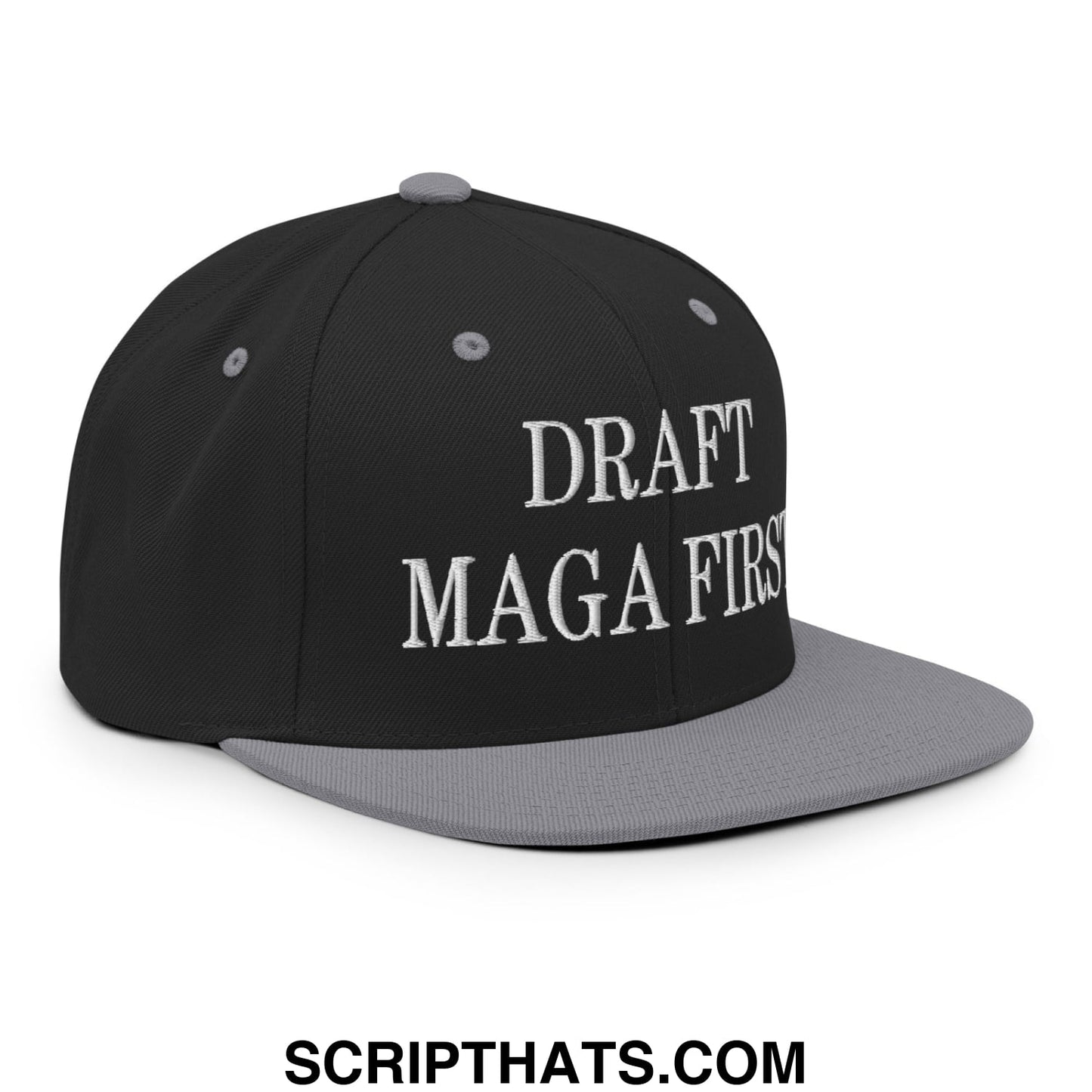 Draft MAGA First Embroidered Flat Bill Brim Snapback Hat Black Silver
