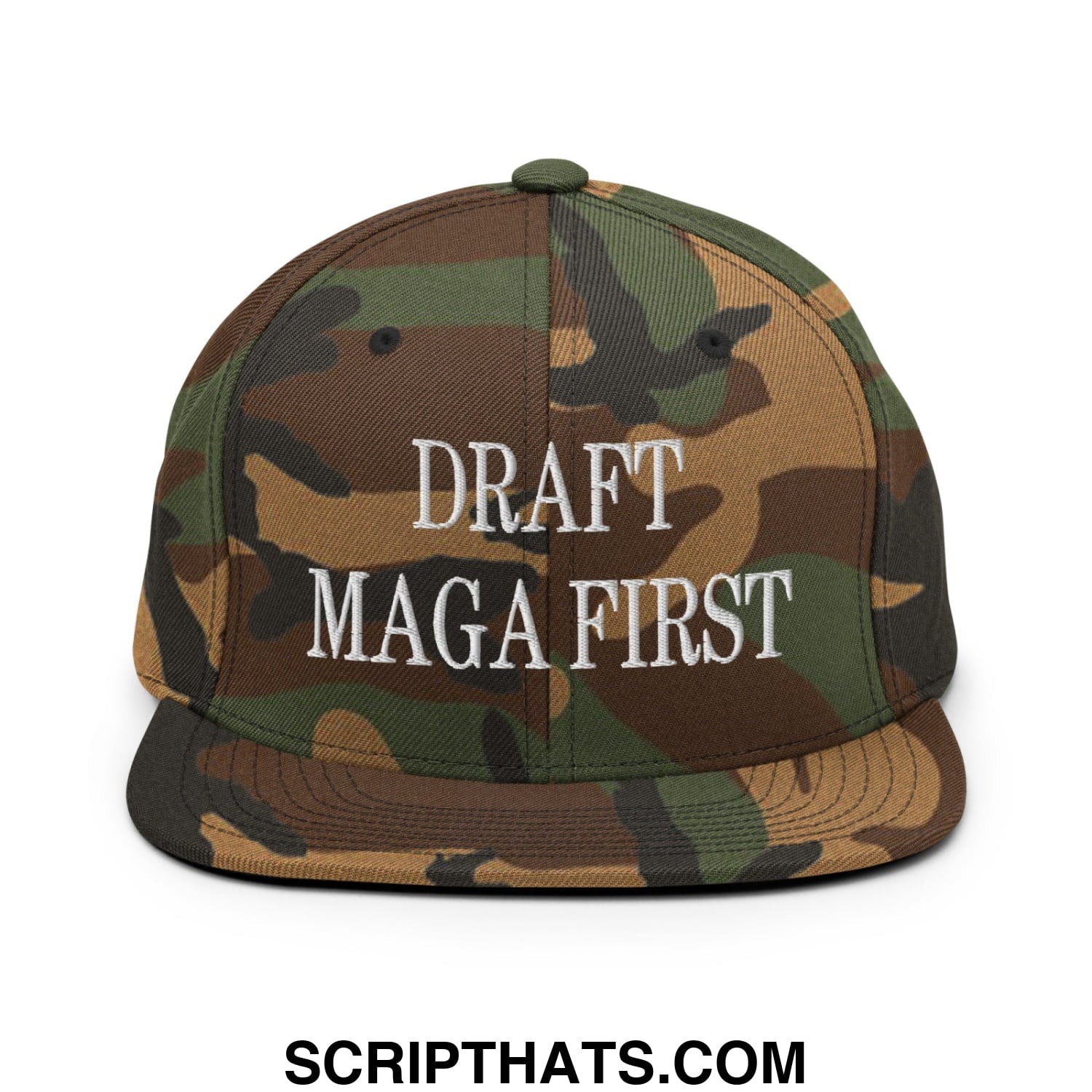 Draft MAGA First Embroidered Flat Bill Brim Snapback Hat Green Camo