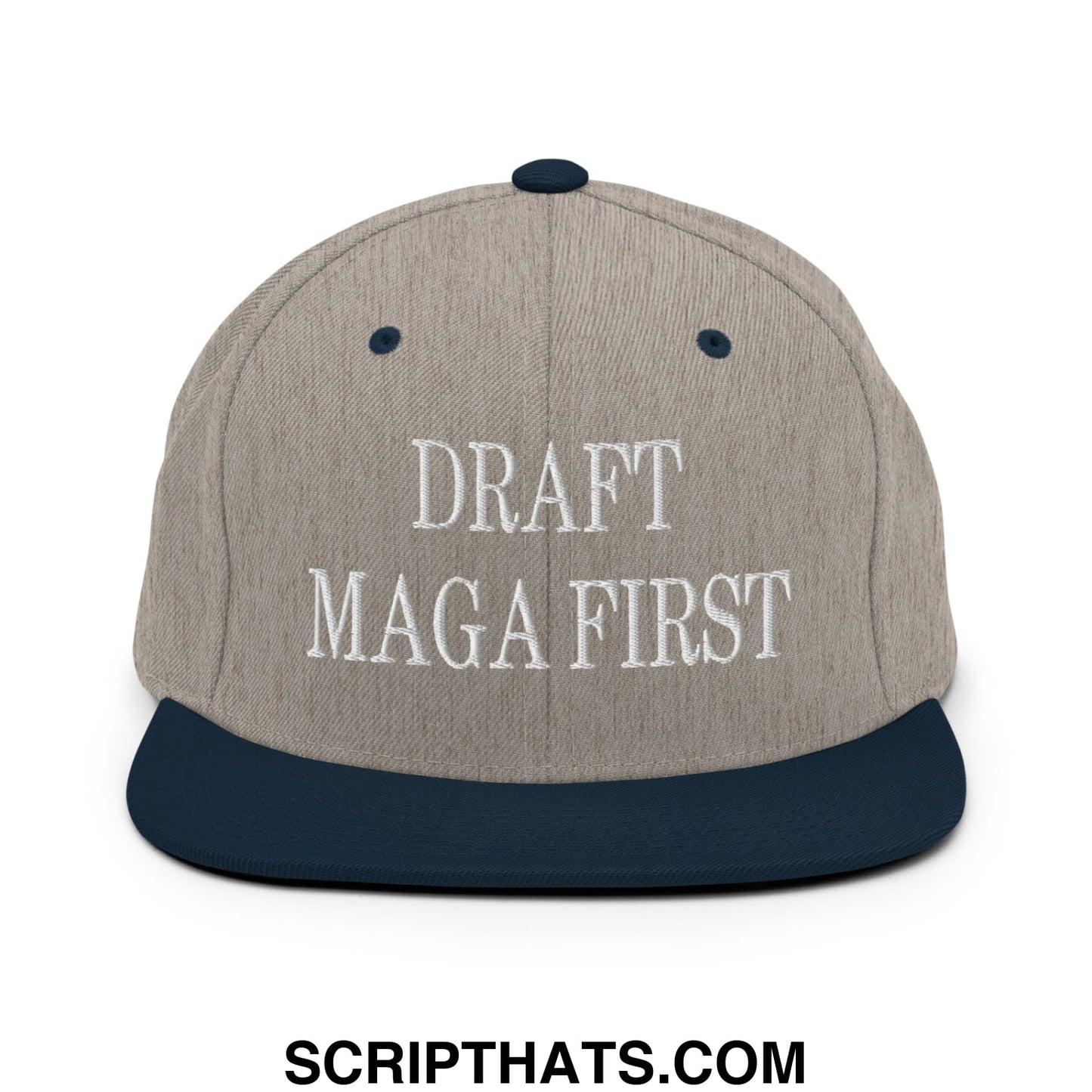 Draft MAGA First Embroidered Flat Bill Brim Snapback Hat Heather Grey Navy