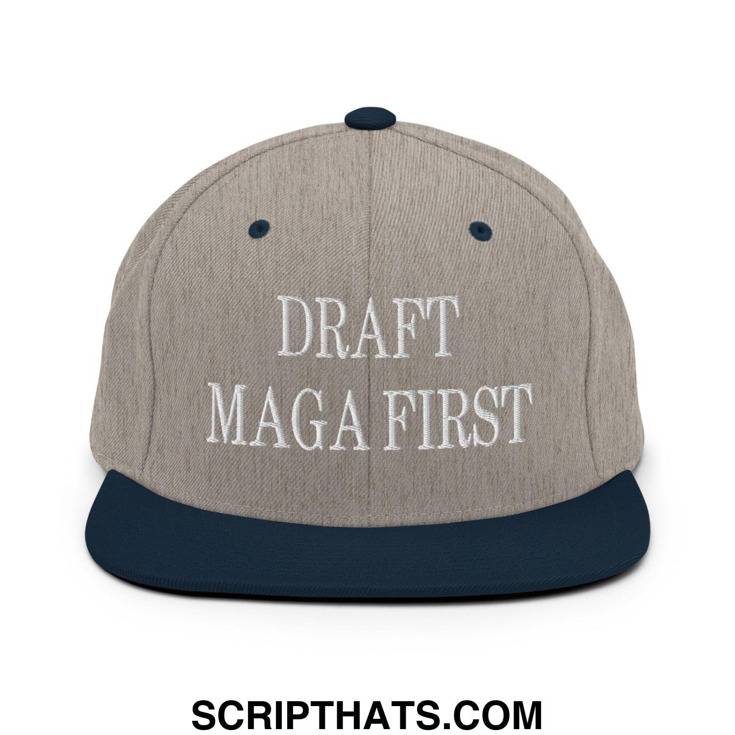Draft MAGA First Embroidered Flat Bill Brim Snapback Hat Heather Grey Navy