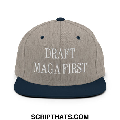 Draft MAGA First Embroidered Flat Bill Brim Snapback Hat Heather Grey Navy