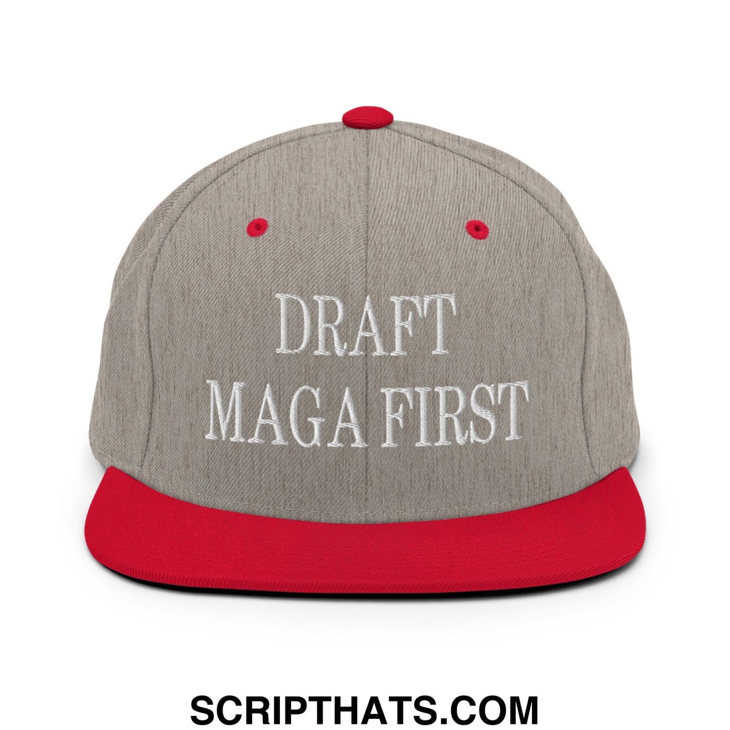 Draft MAGA First Embroidered Flat Bill Brim Snapback Hat Heather Grey Red