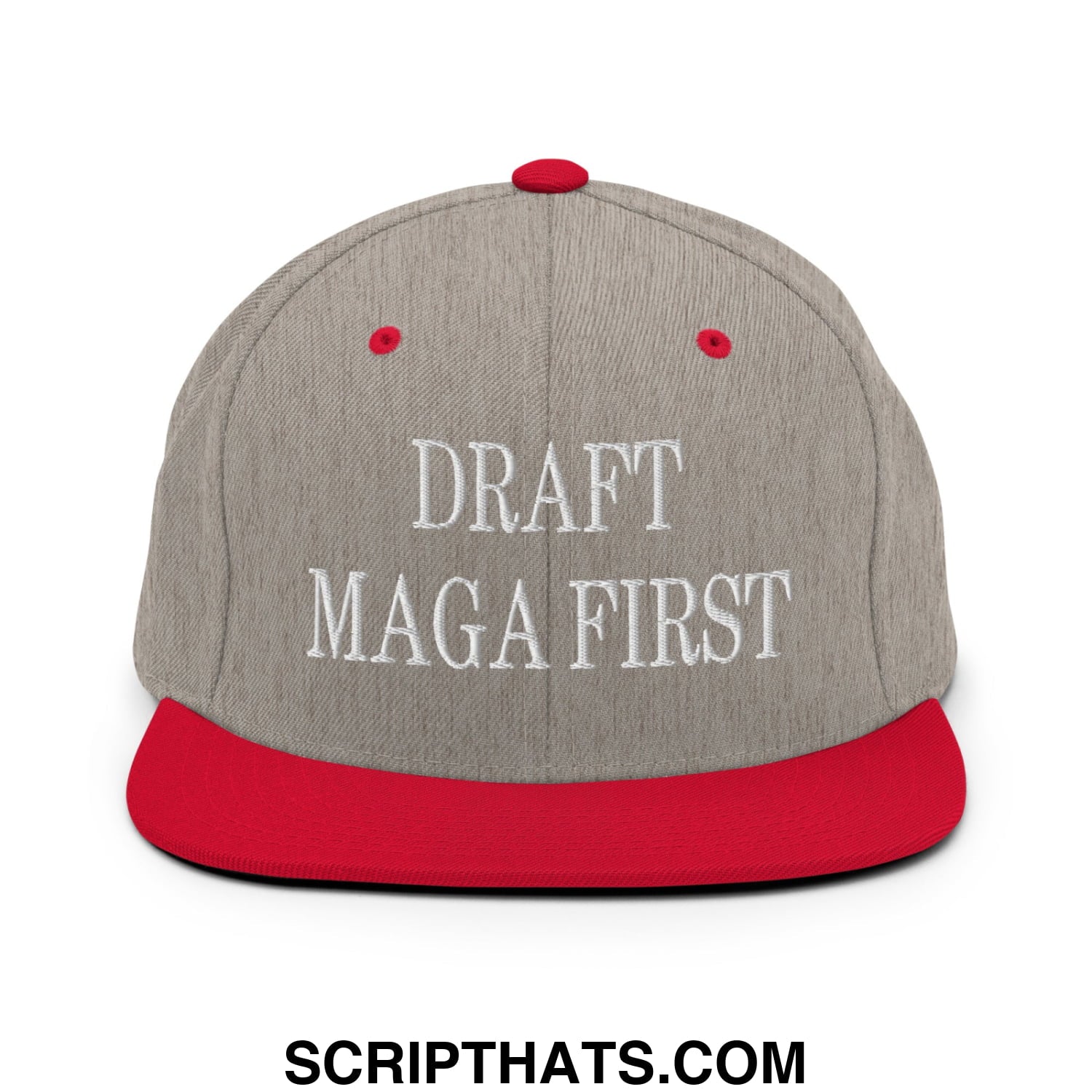 Draft MAGA First Embroidered Flat Bill Brim Snapback Hat Heather Grey Red