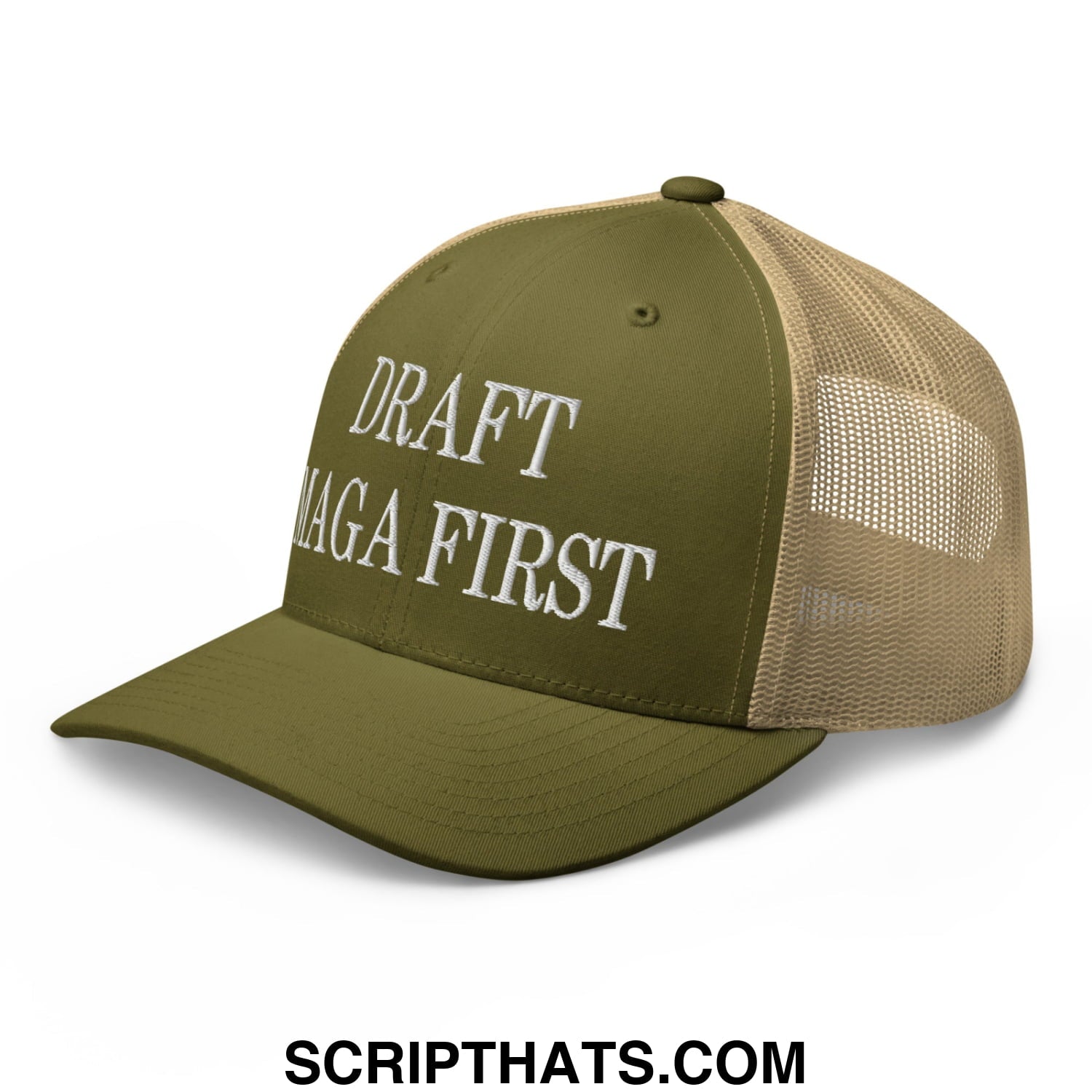 Draft MAGA First Embroidered Mesh Trucker Hat Moss Khaki