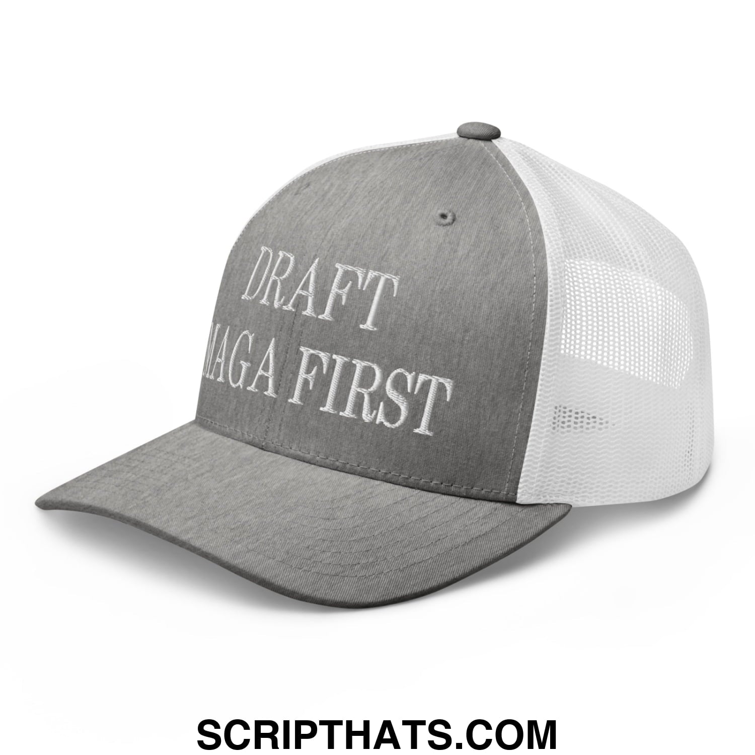 Draft MAGA First Embroidered Mesh Trucker Hat Heather Grey White