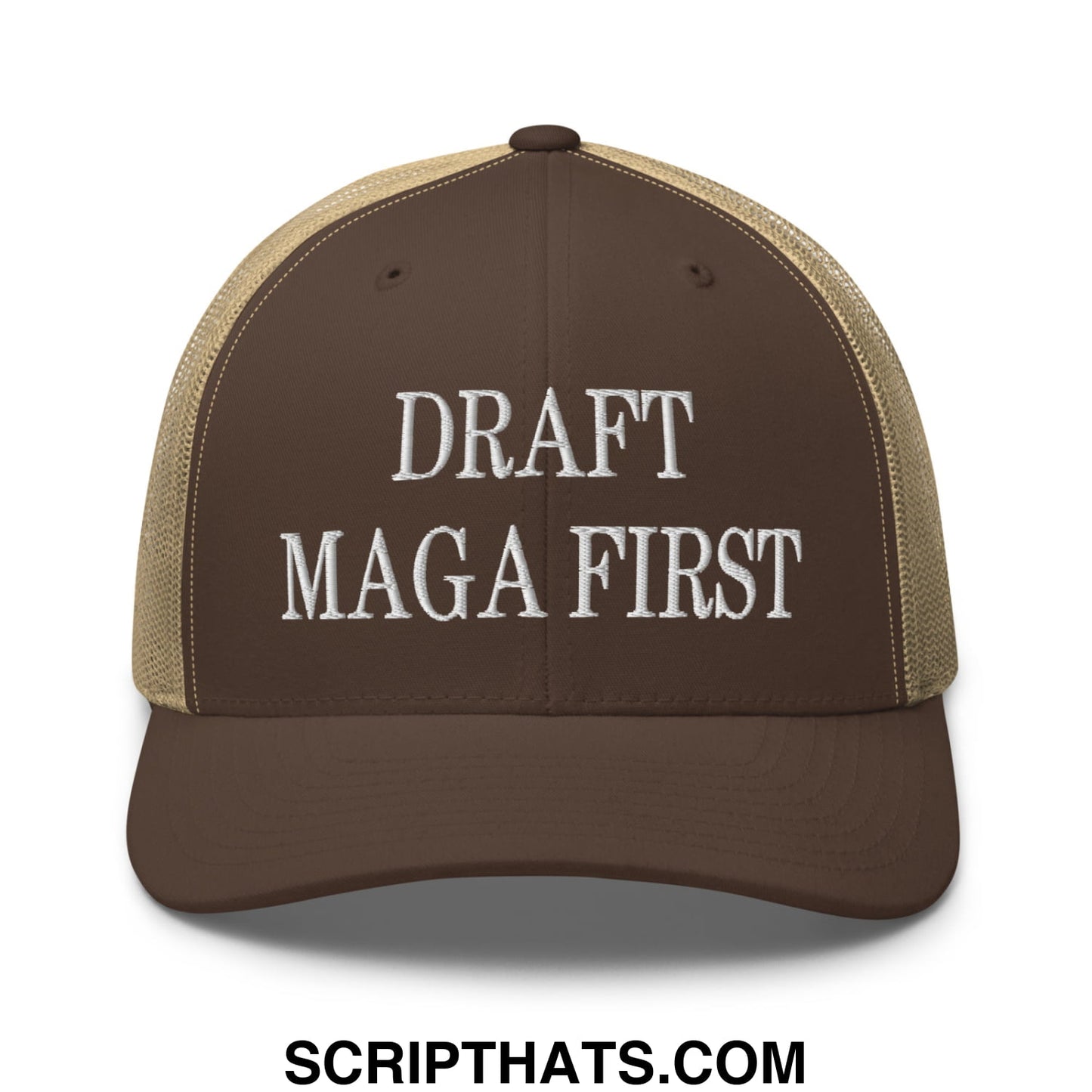 Draft MAGA First Embroidered Mesh Trucker Hat Brown Khaki