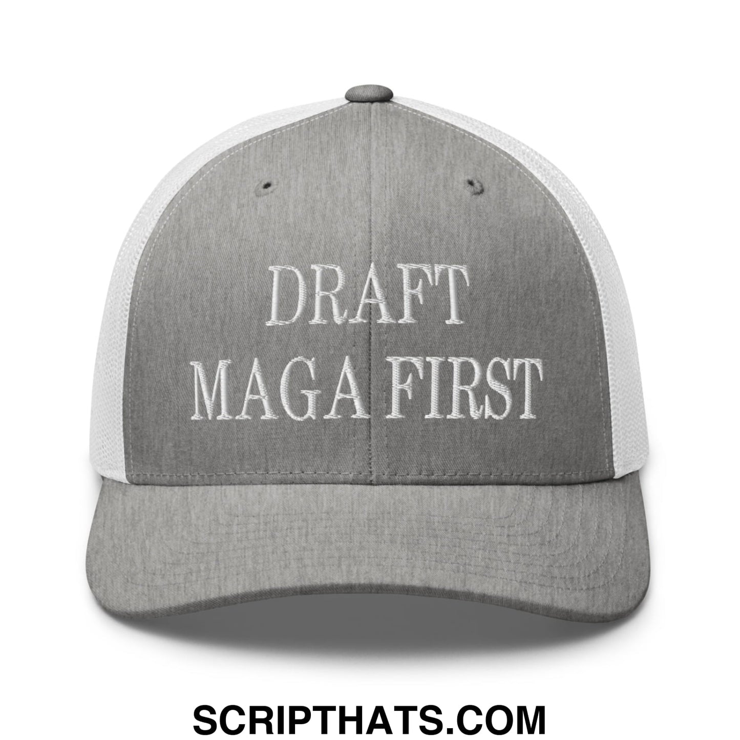 Draft MAGA First Embroidered Mesh Trucker Hat Heather Grey White