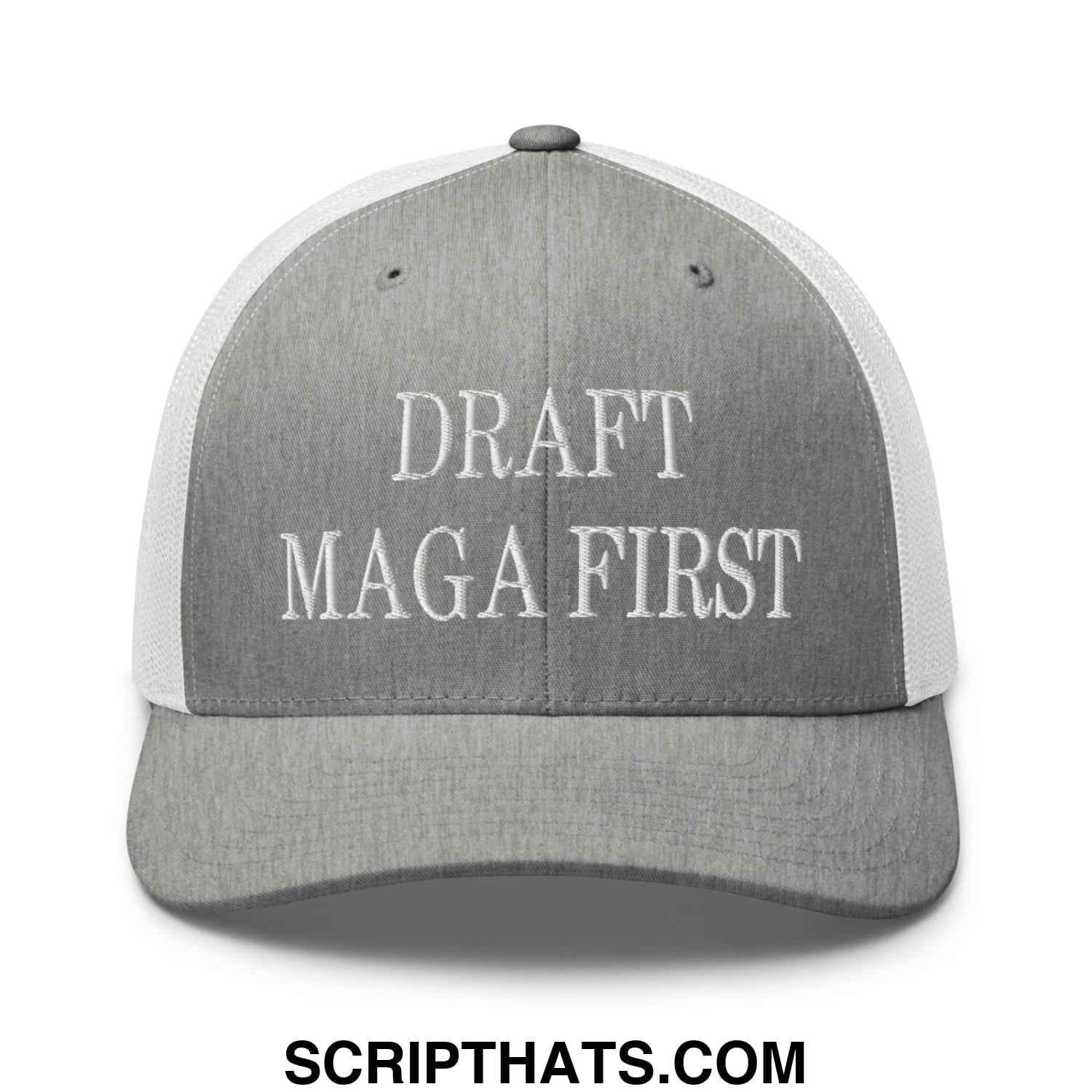 Draft MAGA First Embroidered Mesh Trucker Hat Heather Grey White