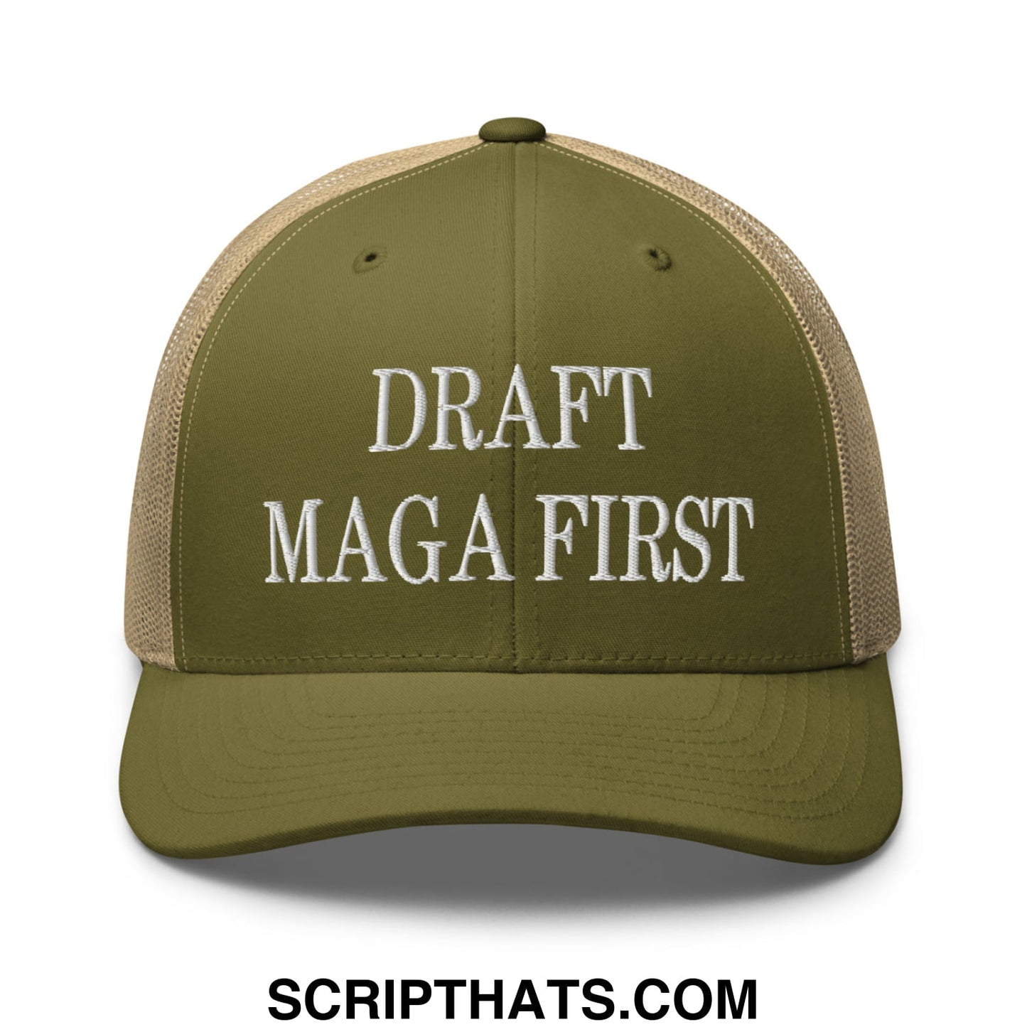 Draft MAGA First Embroidered Mesh Trucker Hat Moss Khaki