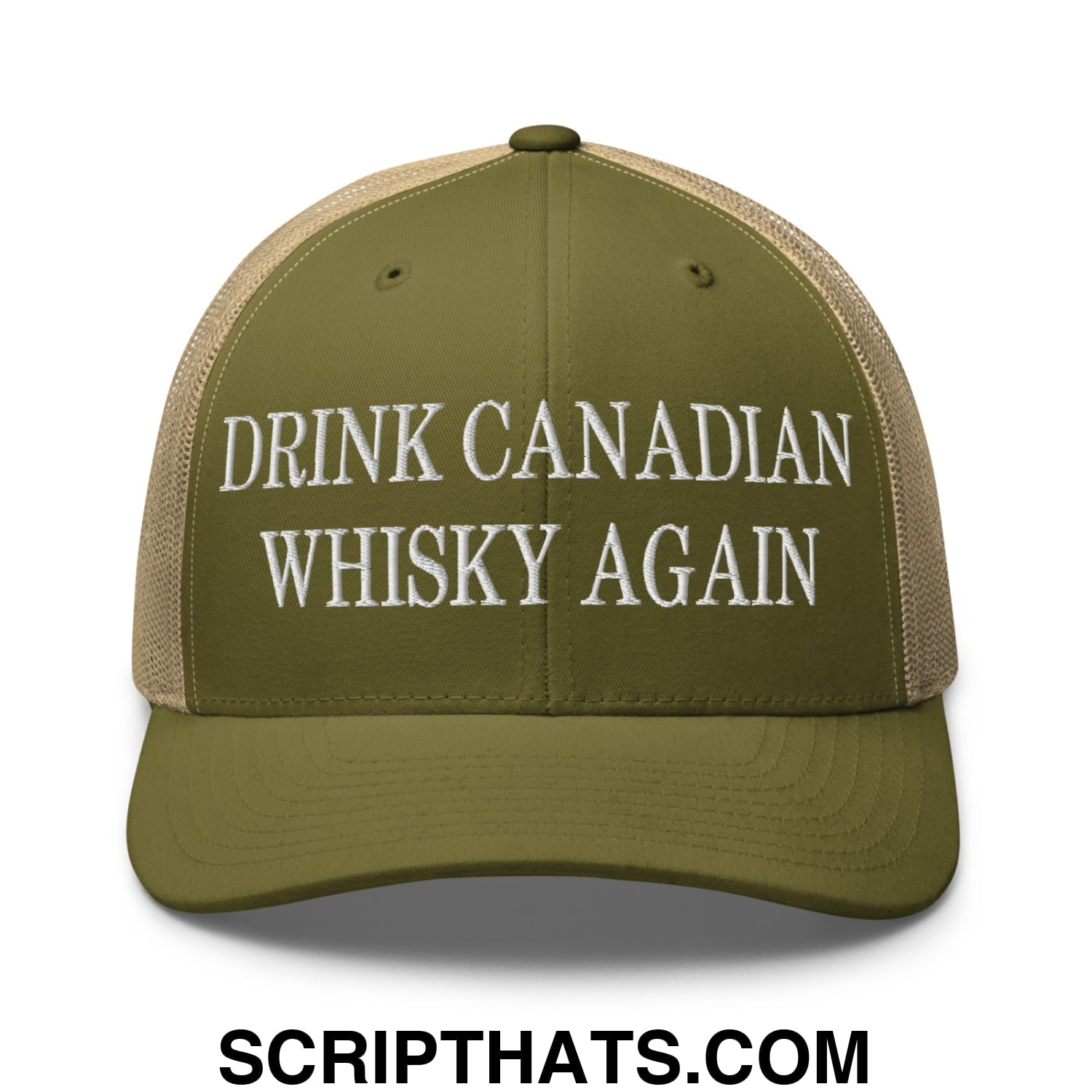Drink Canadian Whisky Again Embroidered Mesh Trucker Hat Moss Khaki