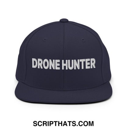 Drone Hunter Embroidered Flat Bill Brim Snapback Hat Navy