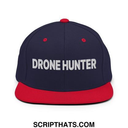 Drone Hunter Embroidered Flat Bill Brim Snapback Hat Navy Red