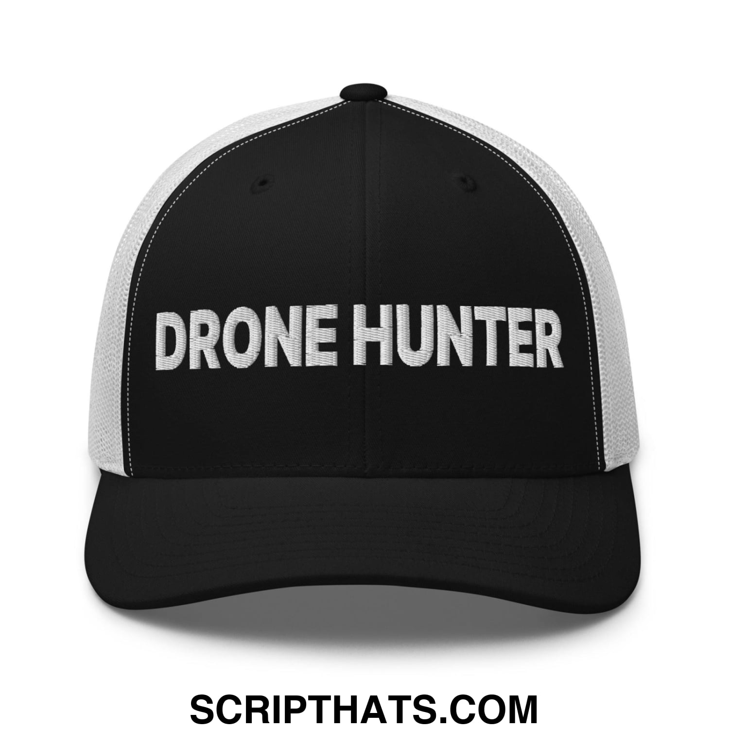 Drone Hunter Embroidered Mesh Trucker Hat Black White