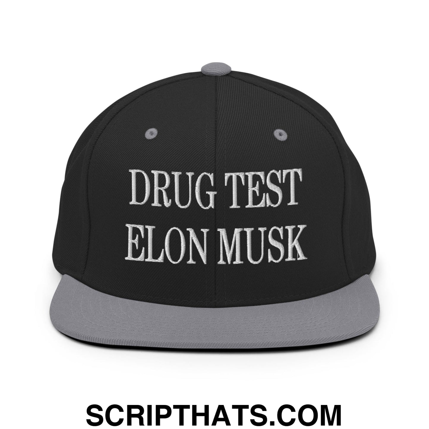 Drug Test Elon Musk Embroidered Flat Bill Brim Snapback Hat Black Silver
