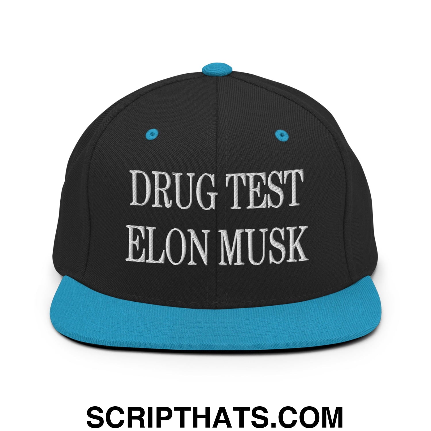 Drug Test Elon Musk Embroidered Flat Bill Brim Snapback Hat Black Teal