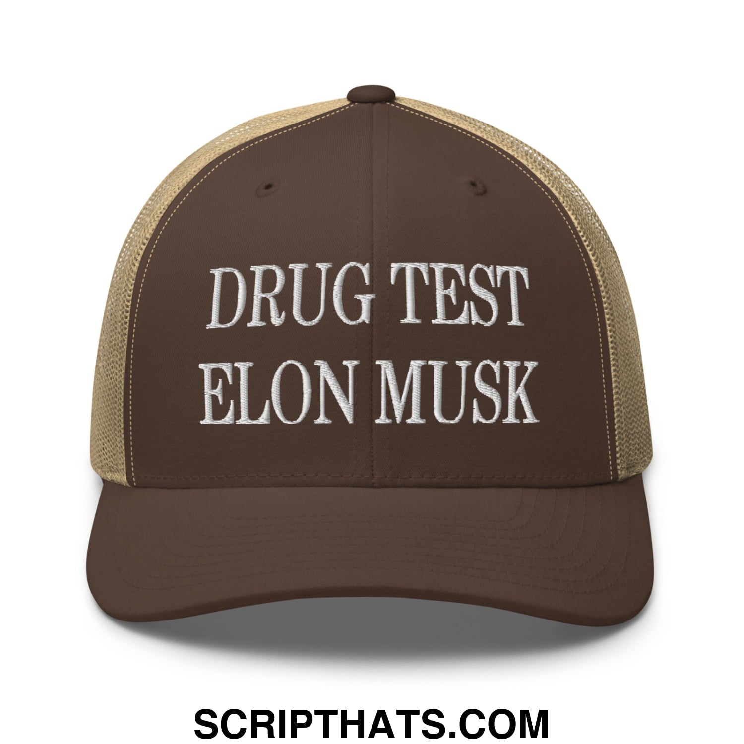 Drug Test Elon Musk Embroidered Mesh Trucker Hat Brown Khaki