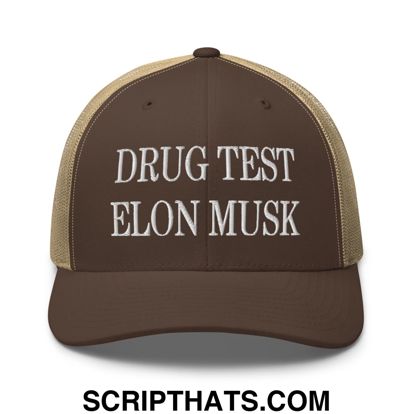 Drug Test Elon Musk Embroidered Mesh Trucker Hat Brown Khaki