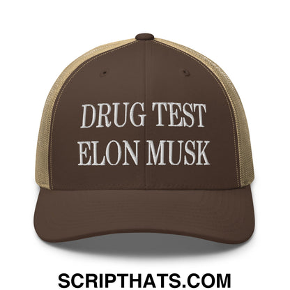 Drug Test Elon Musk Embroidered Mesh Trucker Hat Brown Khaki
