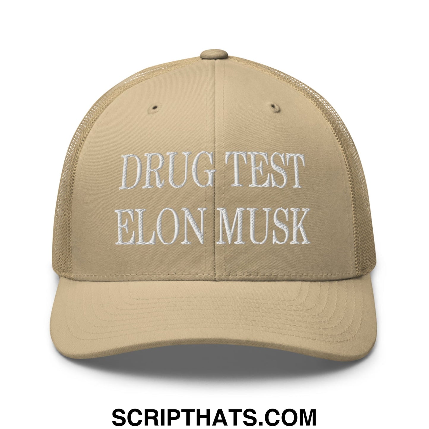 Drug Test Elon Musk Embroidered Mesh Trucker Hat Khaki
