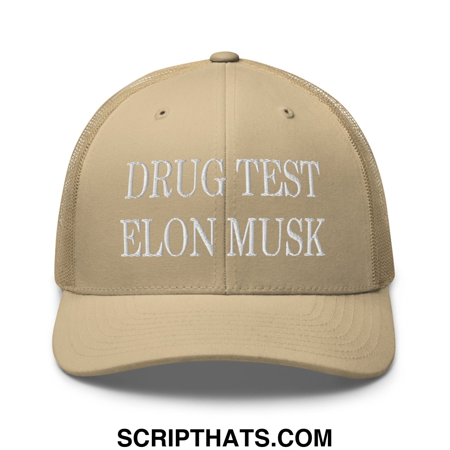 Drug Test Elon Musk Embroidered Mesh Trucker Hat Khaki