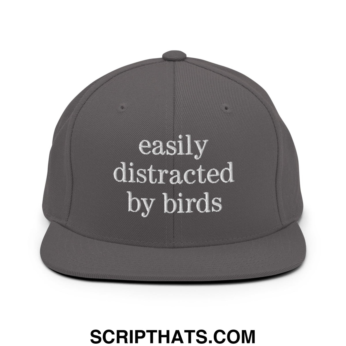 Gray snapback hat with white embroidered easily distracted by birds text and flat bill brim for casual wear