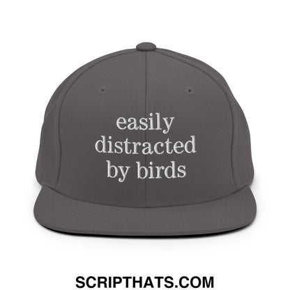 Gray snapback hat with white embroidered easily distracted by birds text and flat bill brim for casual wear