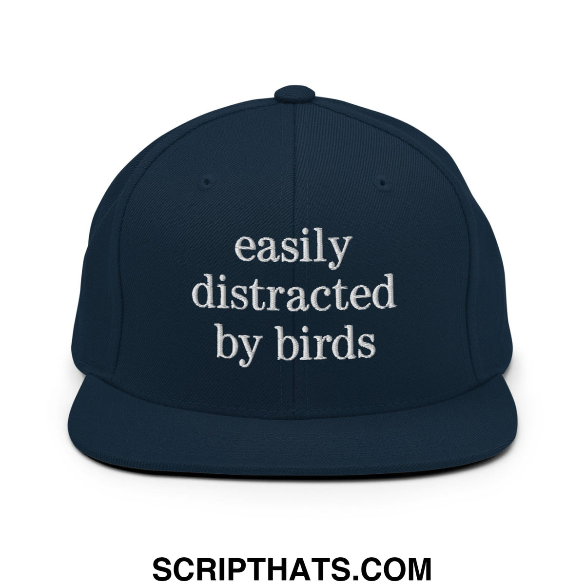 Navy blue snapback hat with white embroidered easily distracted by birds text and flat bill brim