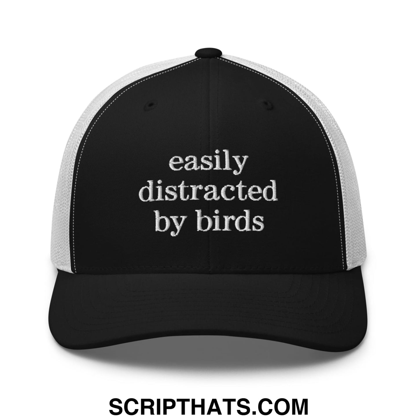 Easily Distracted by Birds Embroidered Mesh Trucker Hat Black White