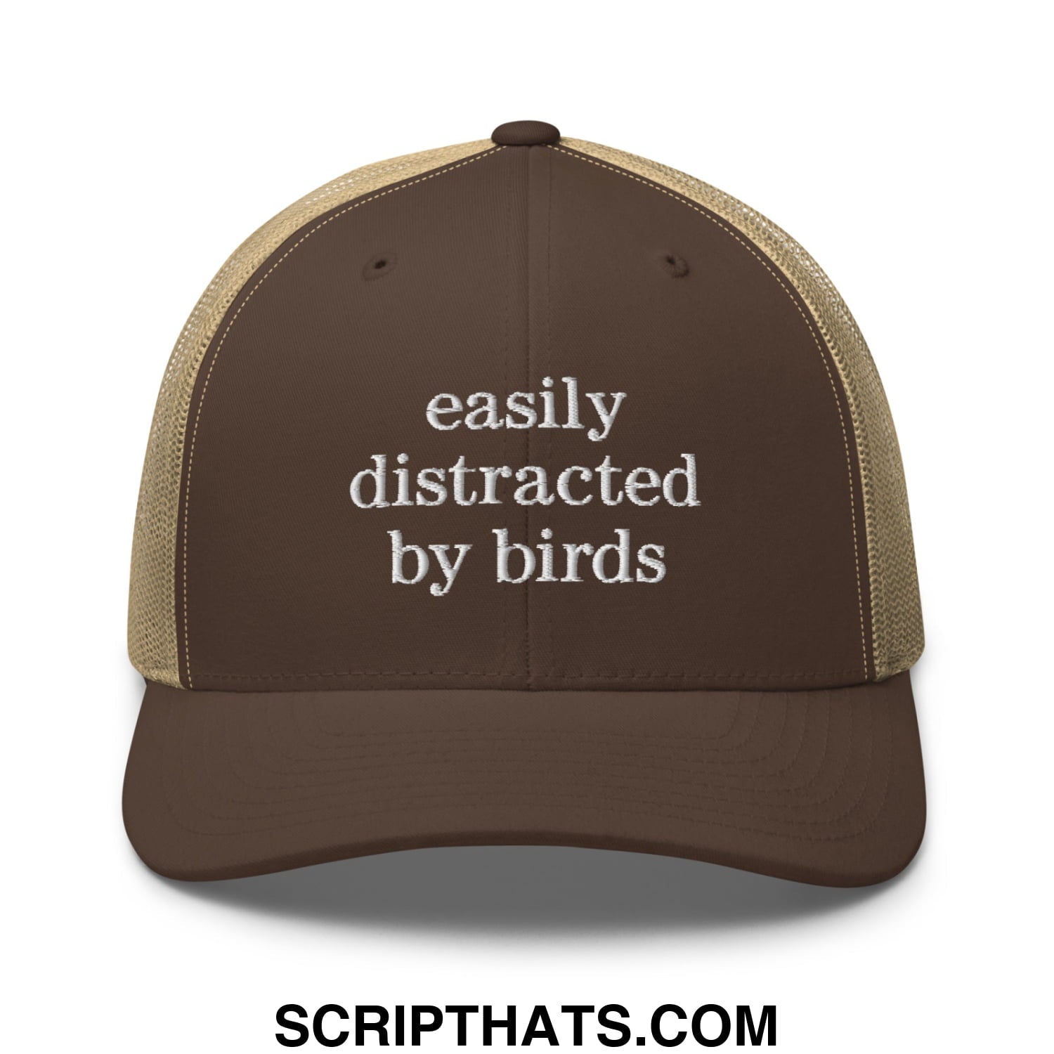 Easily Distracted by Birds Embroidered Mesh Trucker Hat Brown Khaki
