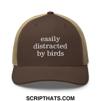 Easily Distracted by Birds Embroidered Mesh Trucker Hat Brown Khaki