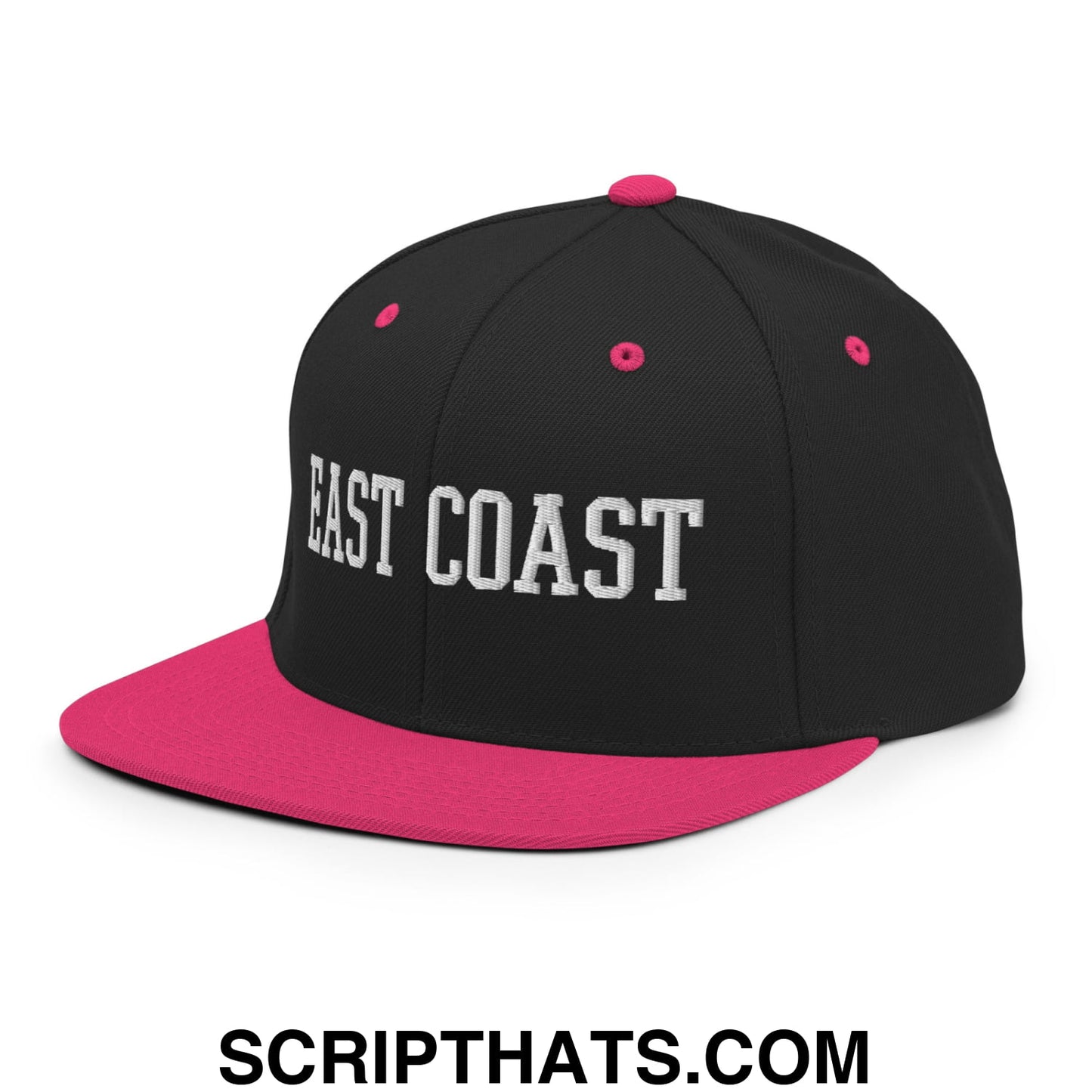 East Coast Embroidered Flat Bill Brim Snapback Hat Black Neon Pink