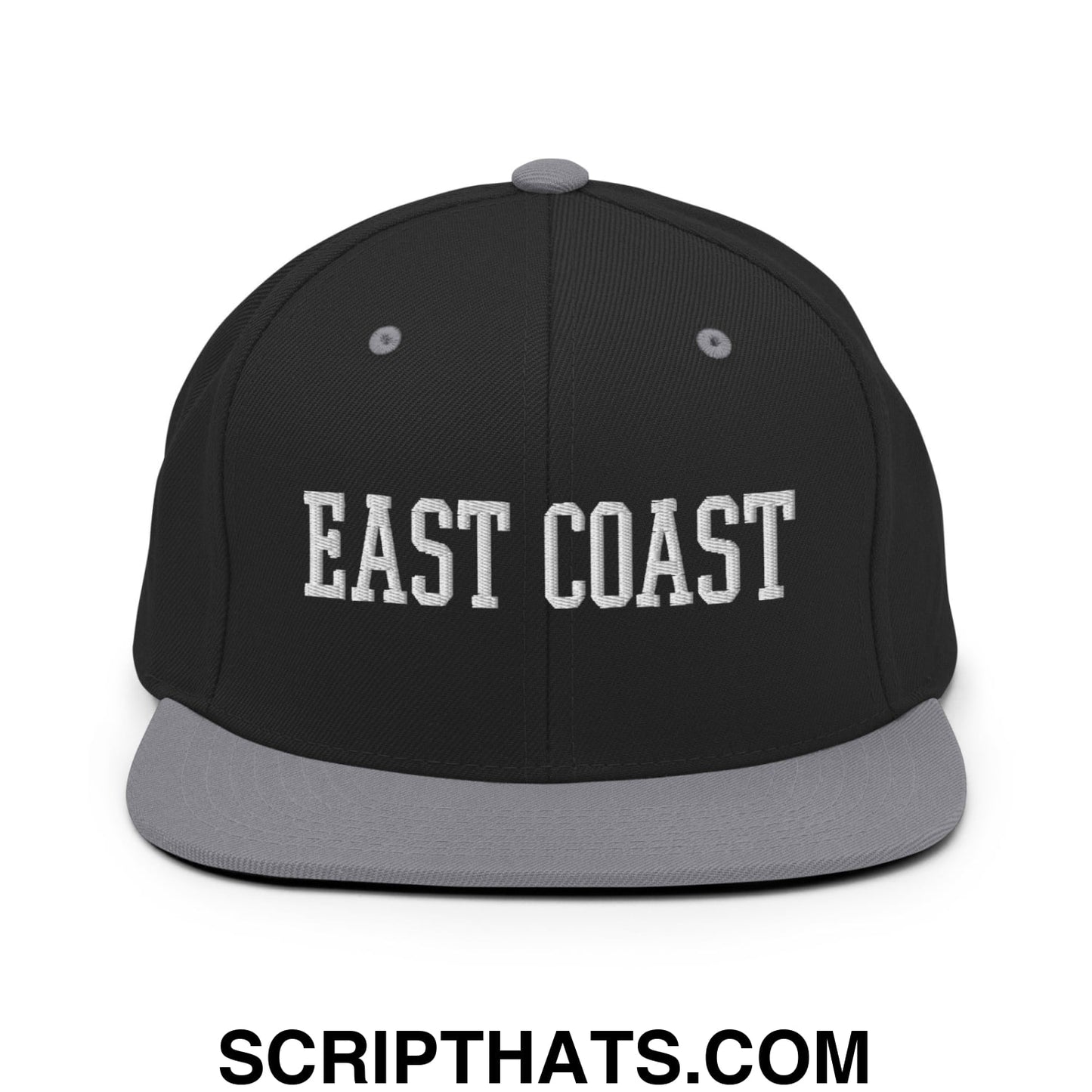 East Coast Embroidered Flat Bill Brim Snapback Hat Black Silver