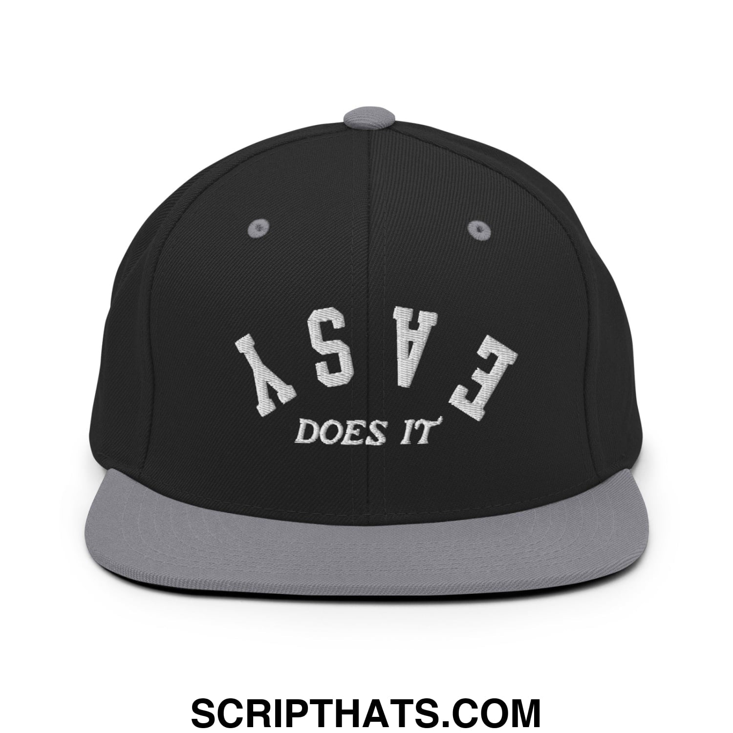 Easy Does It Embroidered Flat Bill Brim Snapback Hat Black Silver