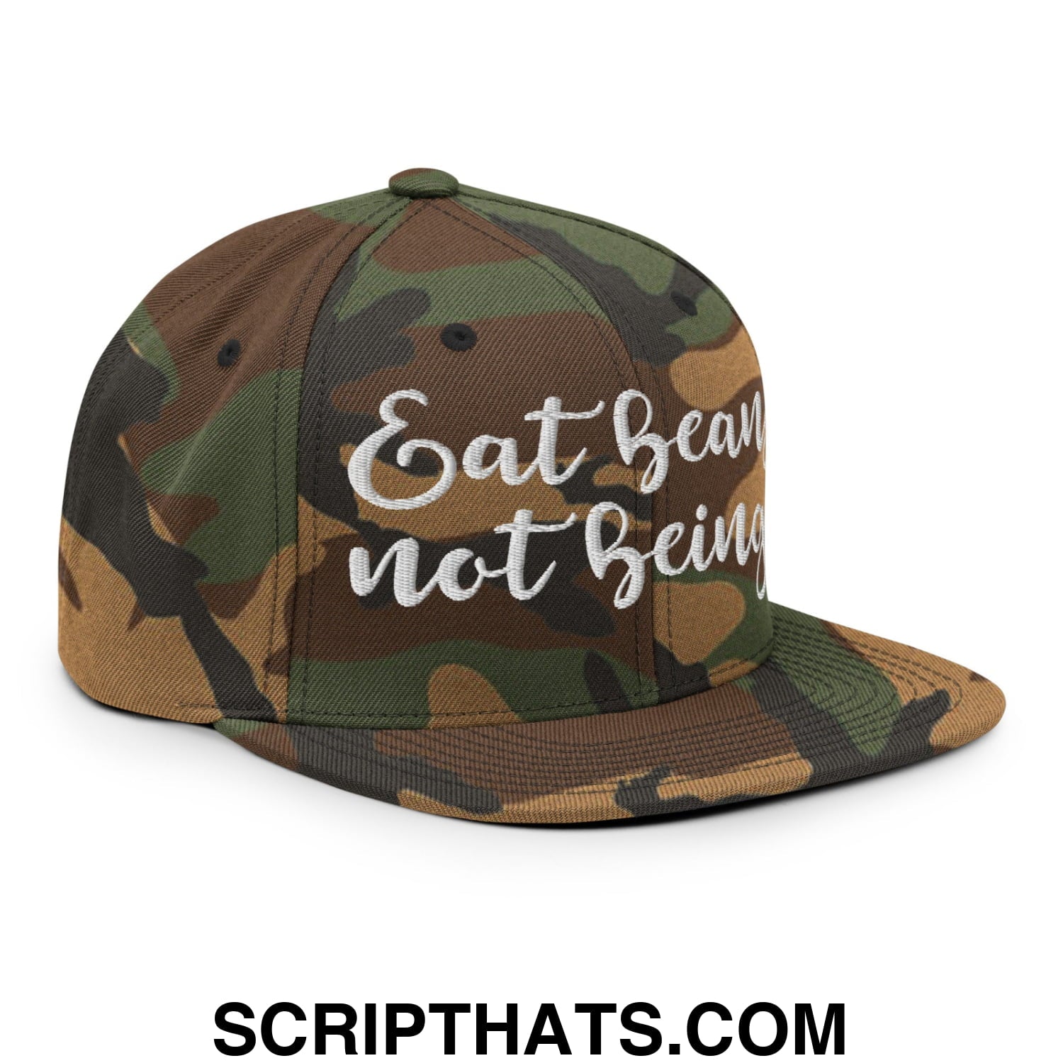 Eat Beans not Beings Embroidered Flat Bill Brim Snapback Hat Green Camo