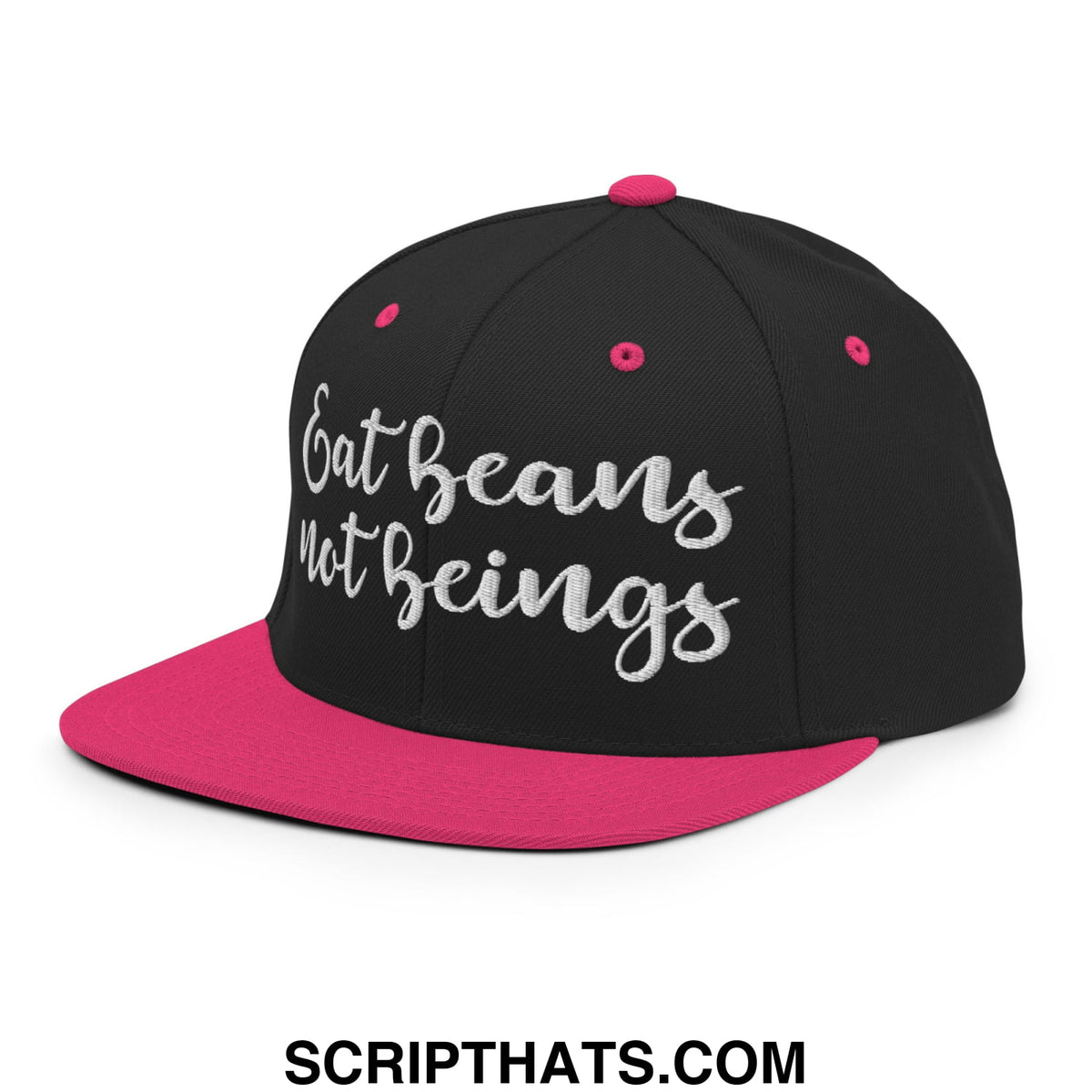 Black snapback cap with vibrant pink brim and button featuring silver embroidered eat beans not beings text