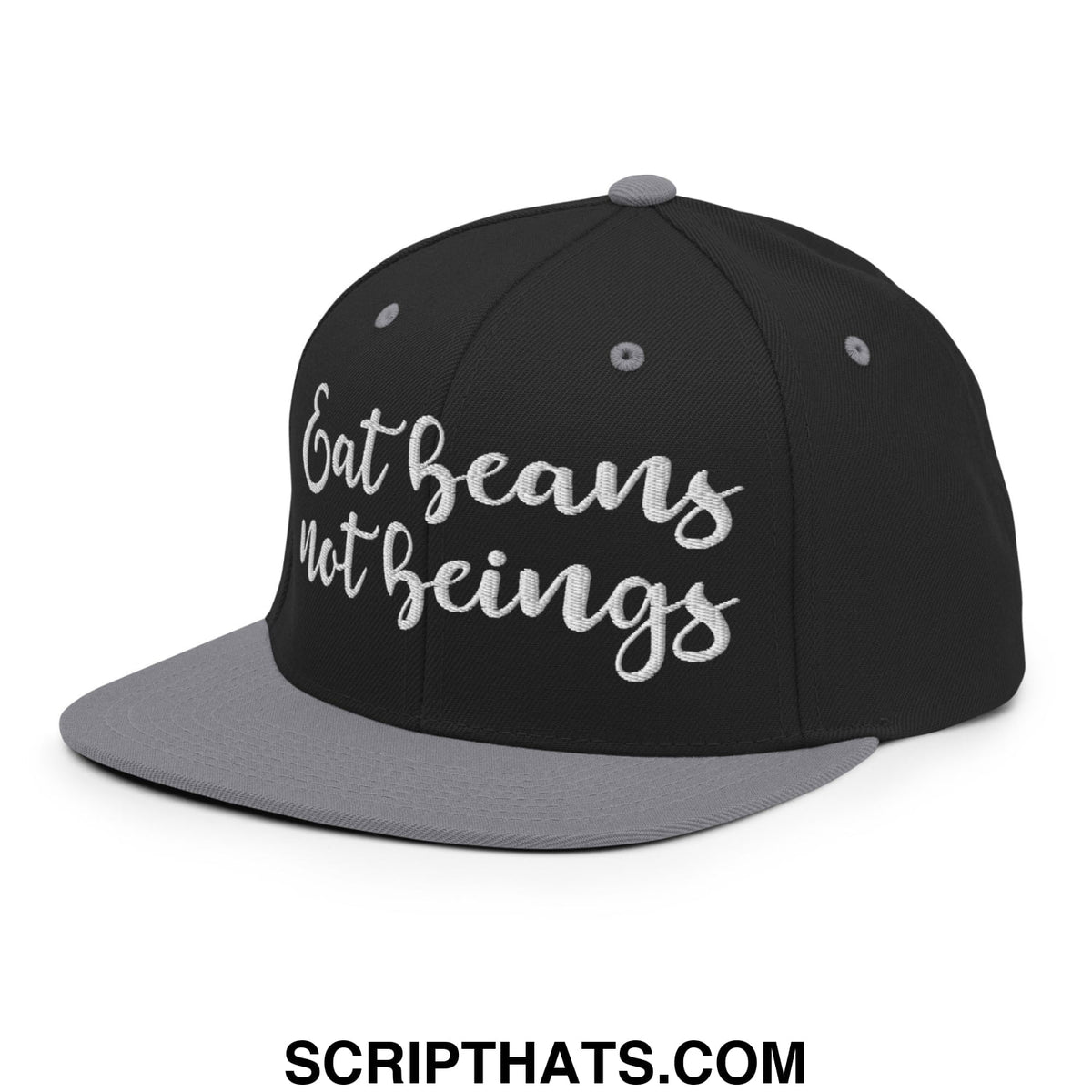 Black and gray snapback cap with silver embroidered eat beans not beings text on flat bill brim hat
