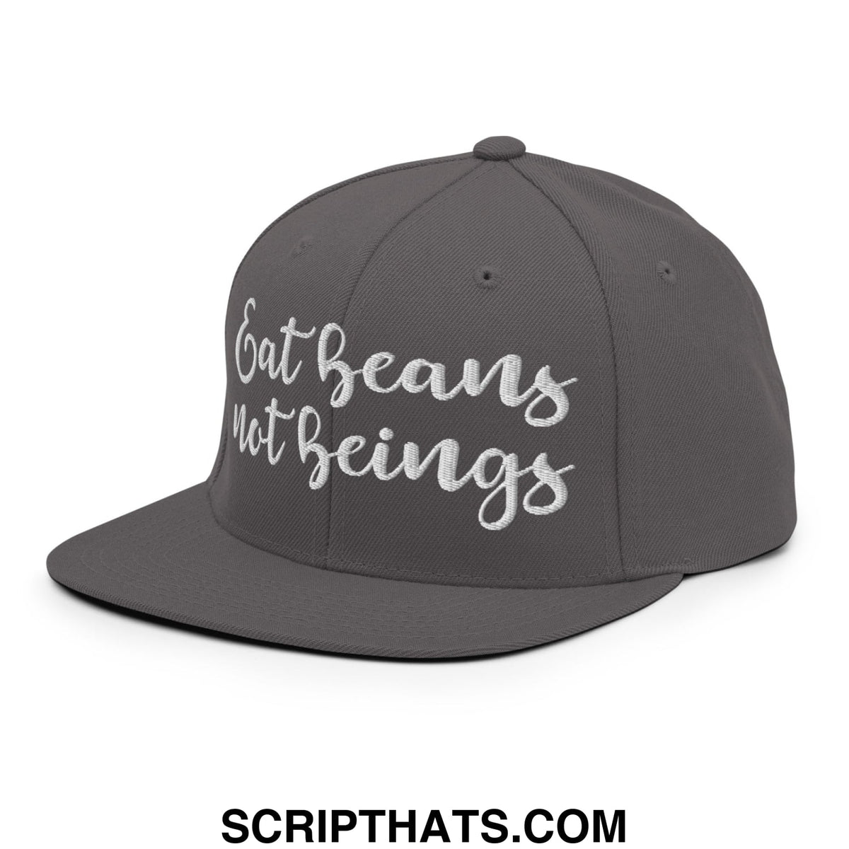 Gray snapback hat with white embroidered eat beans not beings script on a flat bill brim for casual wear