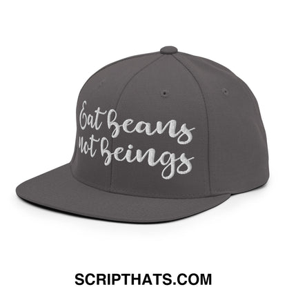 Gray snapback hat with white embroidered eat beans not beings script on a flat bill brim for casual wear