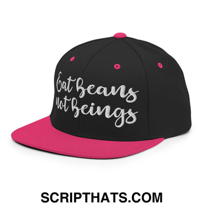 Eat Beans not Beings Embroidered Flat Bill Brim Snapback Hat Black Neon Pink