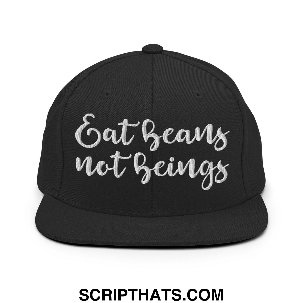 Black snapback hat with silver embroidered eat beans not beings text and a flat bill brim design