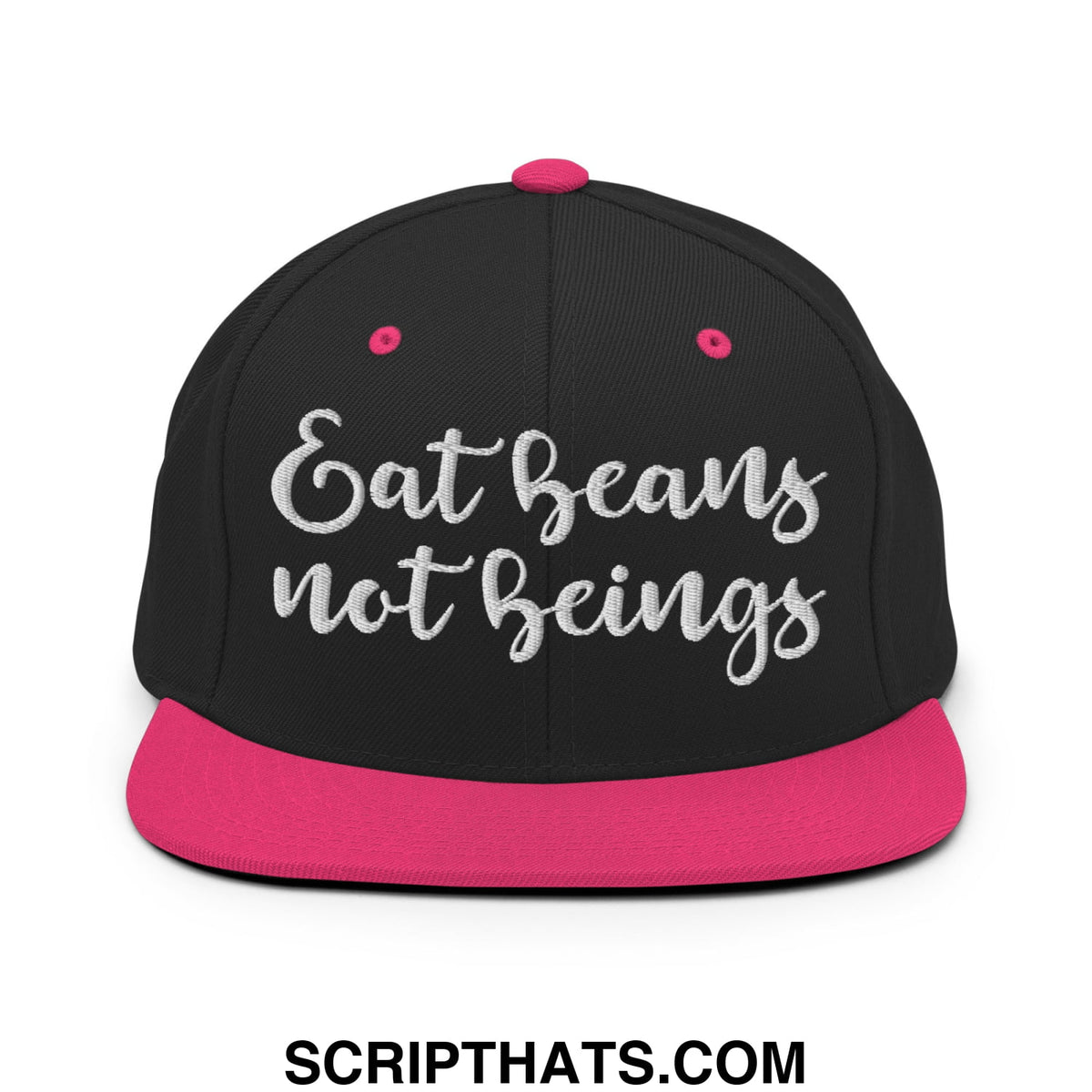 Black snapback cap with vibrant pink brim and silver embroidered eat beans not beings text flat bill brim snapback hat