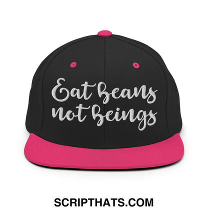 Black snapback cap with vibrant pink brim and silver embroidered eat beans not beings text flat bill brim snapback hat
