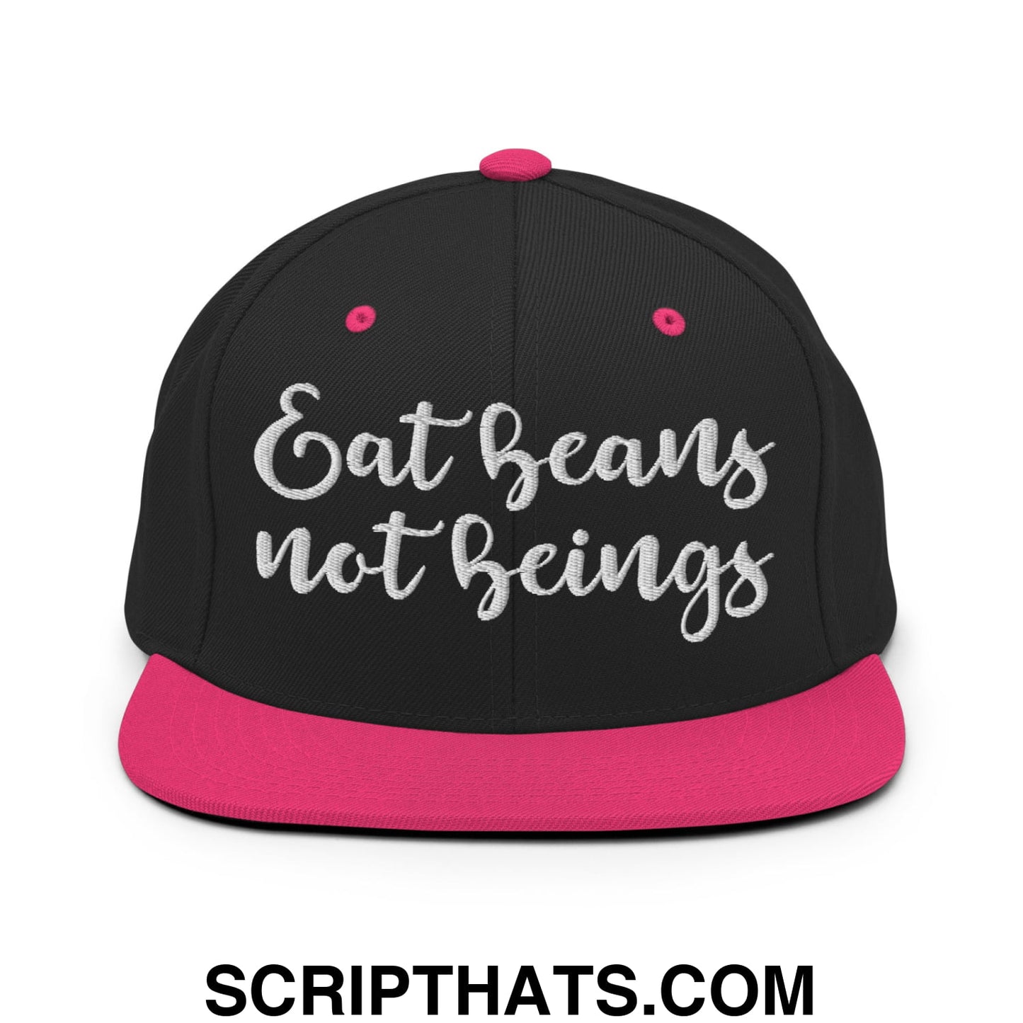Eat Beans not Beings Embroidered Flat Bill Brim Snapback Hat Black Neon Pink