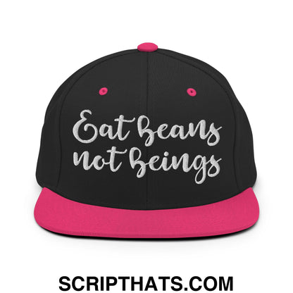 Eat Beans not Beings Embroidered Flat Bill Brim Snapback Hat Black Neon Pink
