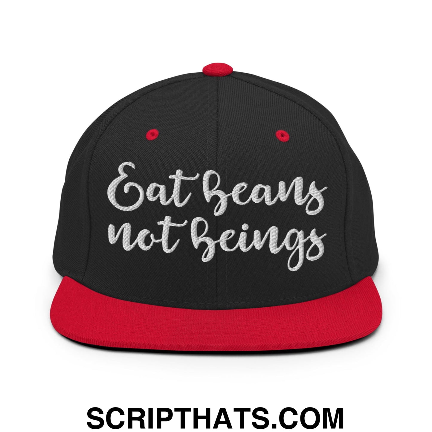 Eat Beans not Beings Embroidered Flat Bill Brim Snapback Hat Black Red