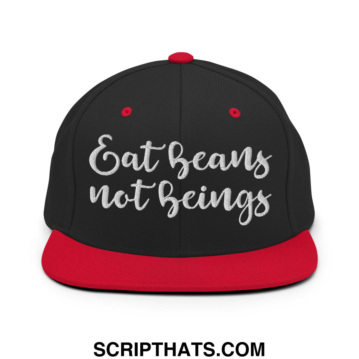 Black snapback cap with red brim and button featuring silver embroidered eat beans not beings text on front